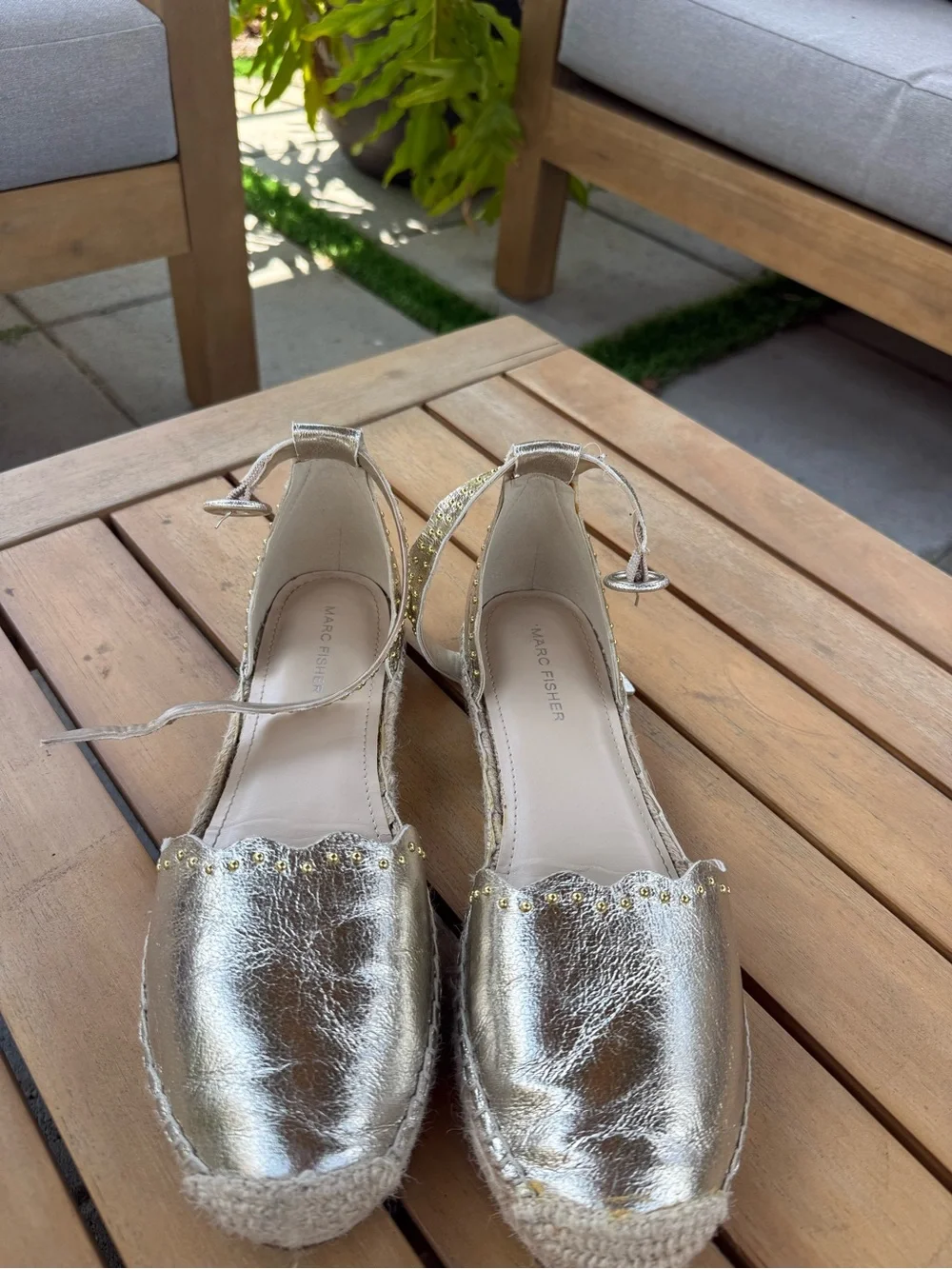 Marc Fisher Gold Metallic Scalloped Ankle-Strap Espadrilles